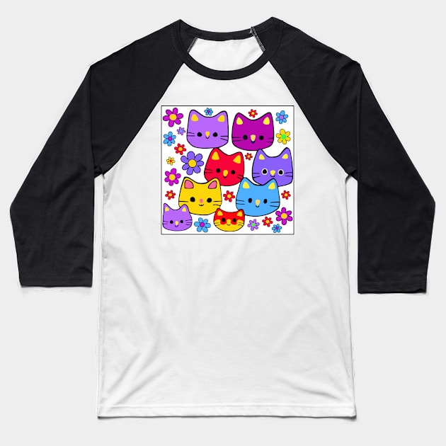 Colorful Cats and Flowers Baseball T-Shirt by loeye